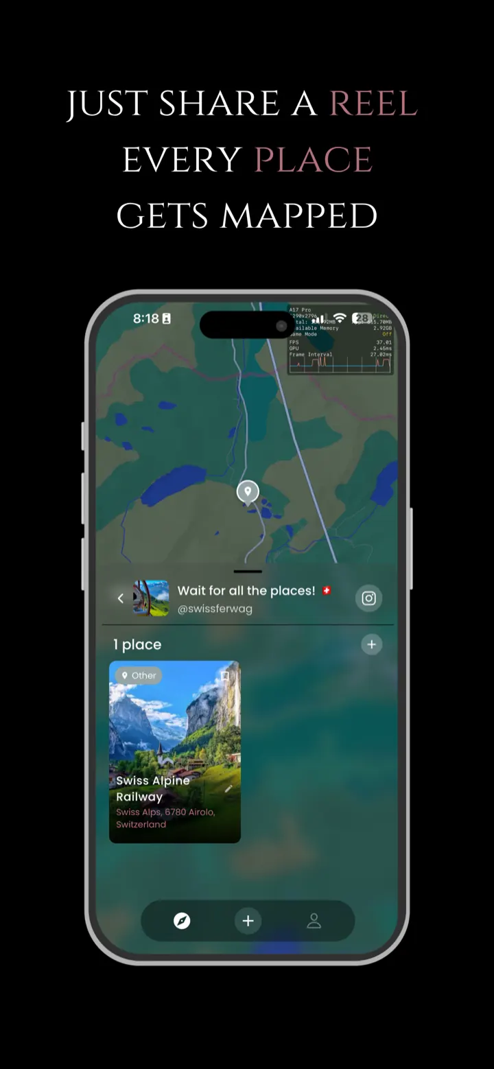 A shared Reel with every place from it pinned to the map — here, Swiss Alpine Railway