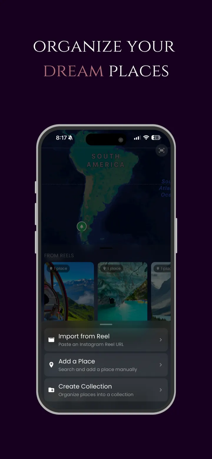Triply's Organize screen — import from Reel, add a place, or create a collection